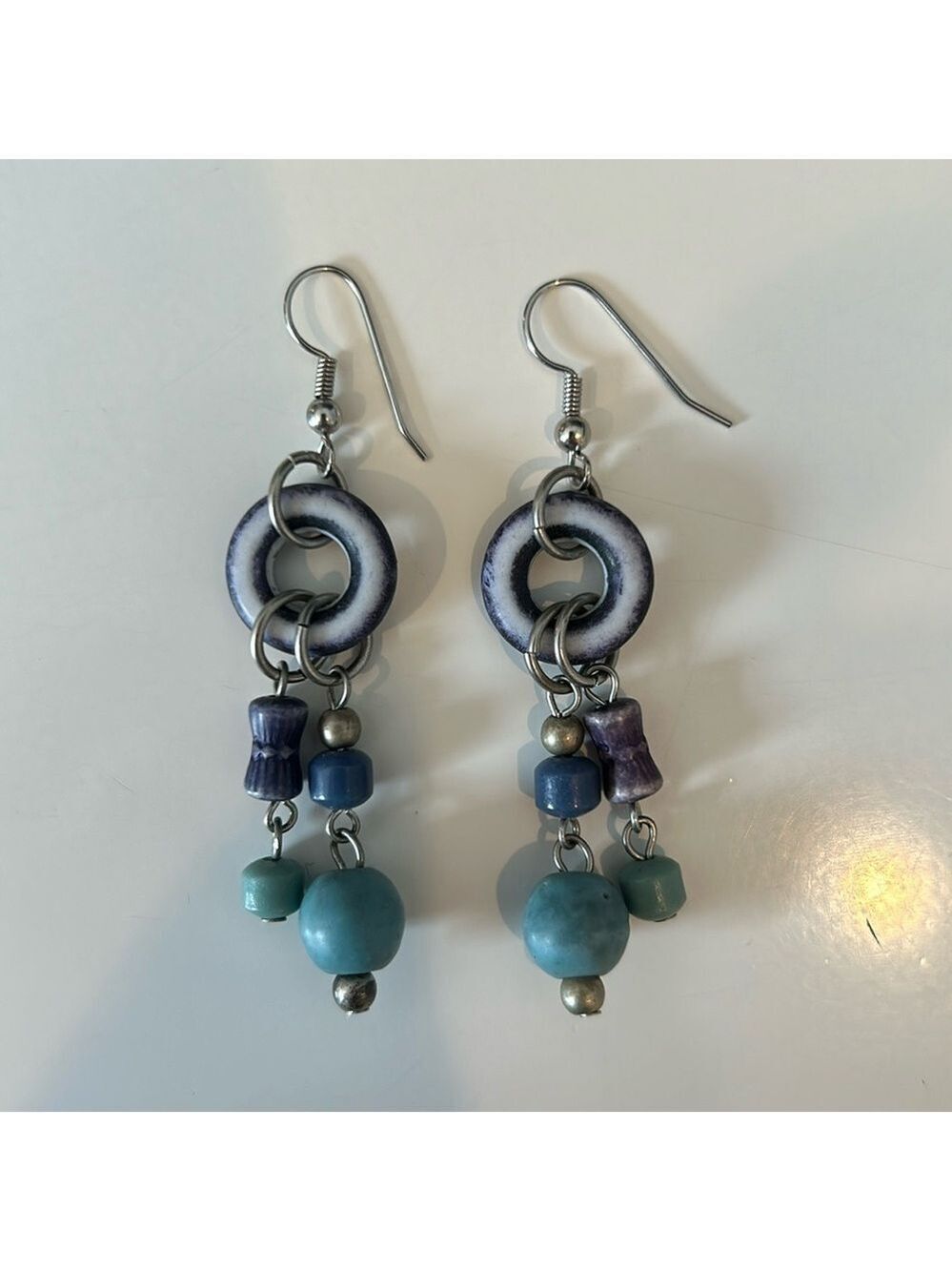 Hanging Turquoise, Blue and Purple Beaded Earrings with Silver Hardware
